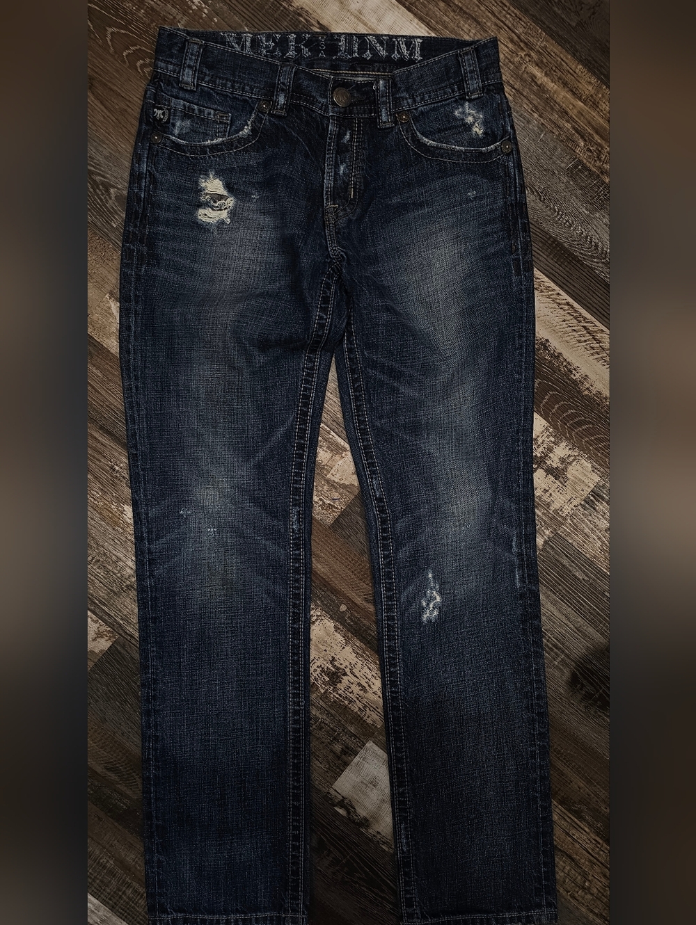 MEK DNM Washington Slim Straight Jeans 31x34 Distressed Embroidered Premium